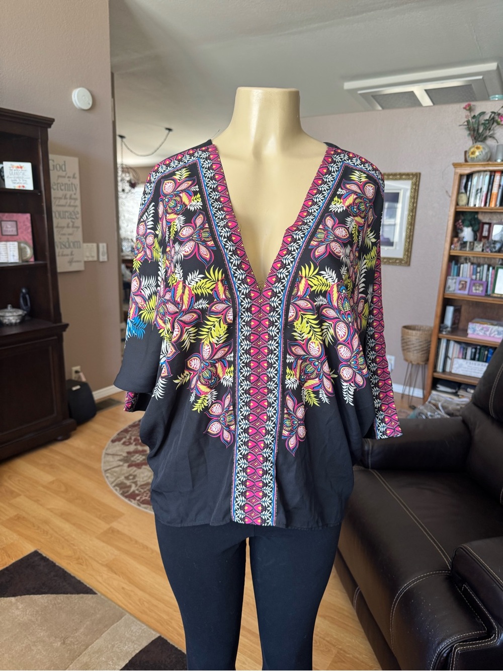 Rose & Olive boho black with pink, yellow, green pattern trim V-neck blouse-M